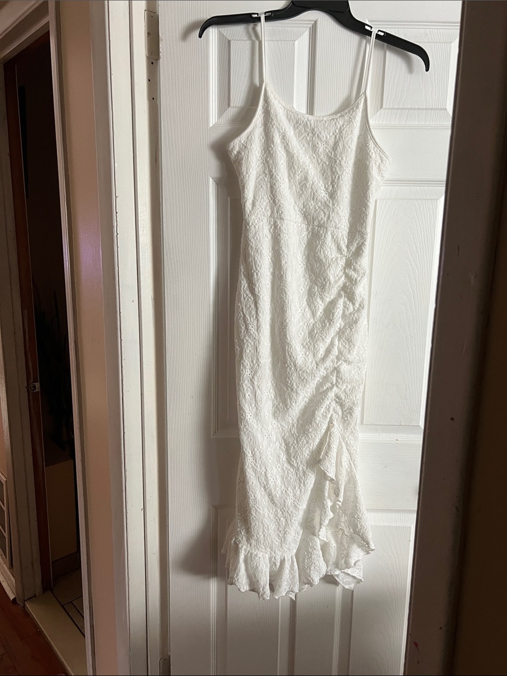 White Lace Maxi Dress with Ruffle Hem and Spaghetti Straps